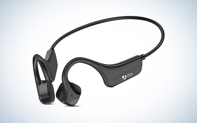 A pair of black Guudsoud Lite bone conduction headphones are placed against a white background.