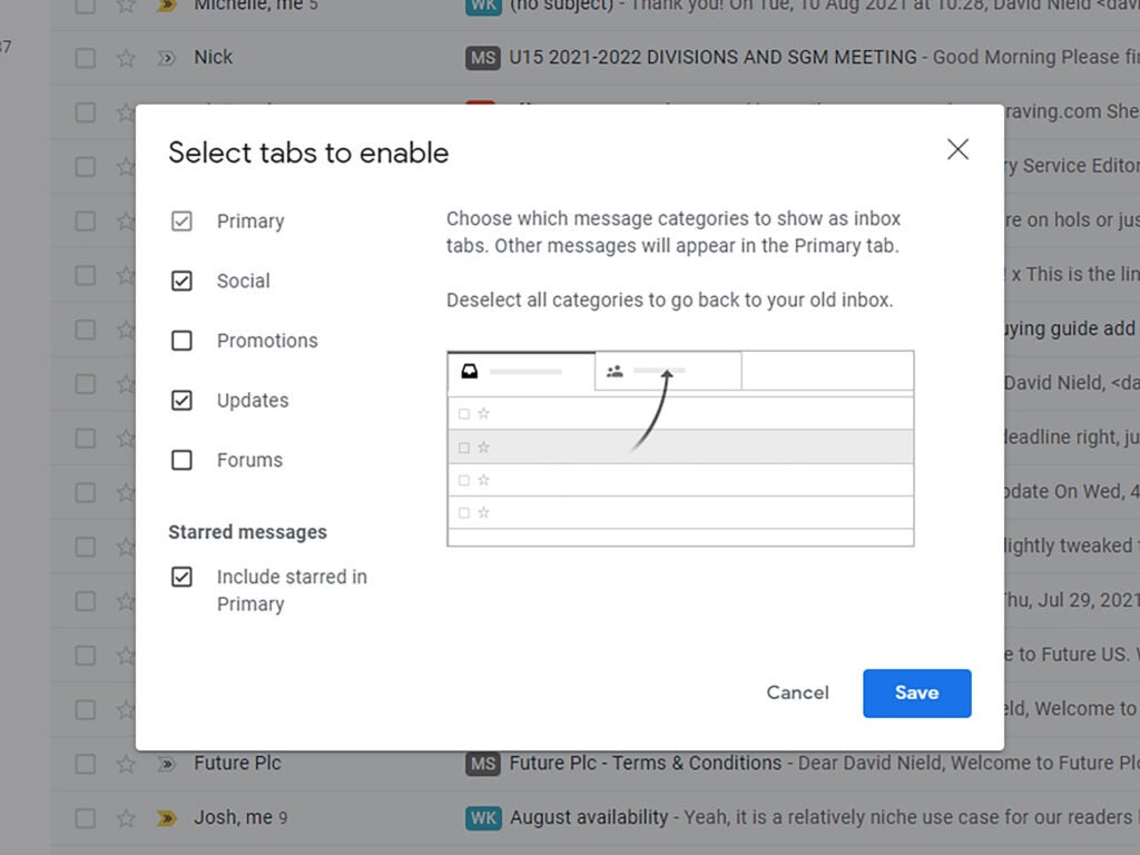 The tabs view setting window for the default inbox layout in Gmail.
