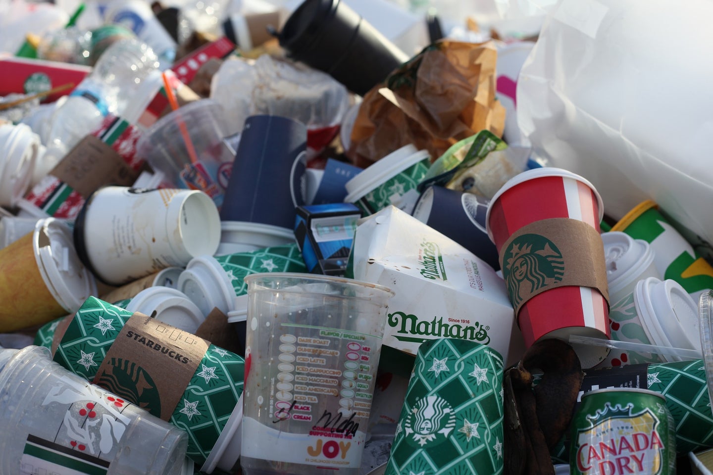 Empty cups, both plastic and paper, take out containers, straws, and other trash sit in a multi-colored pile. Starbucks, Nathans, Dunkin Donuts, and Canada Dry logos are visible on some of the items.