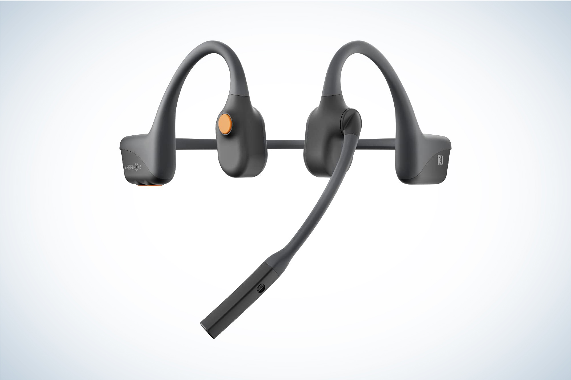 A pair of grey AfterShokz OpenComm bone conduction headphones with a built-in microphone arm