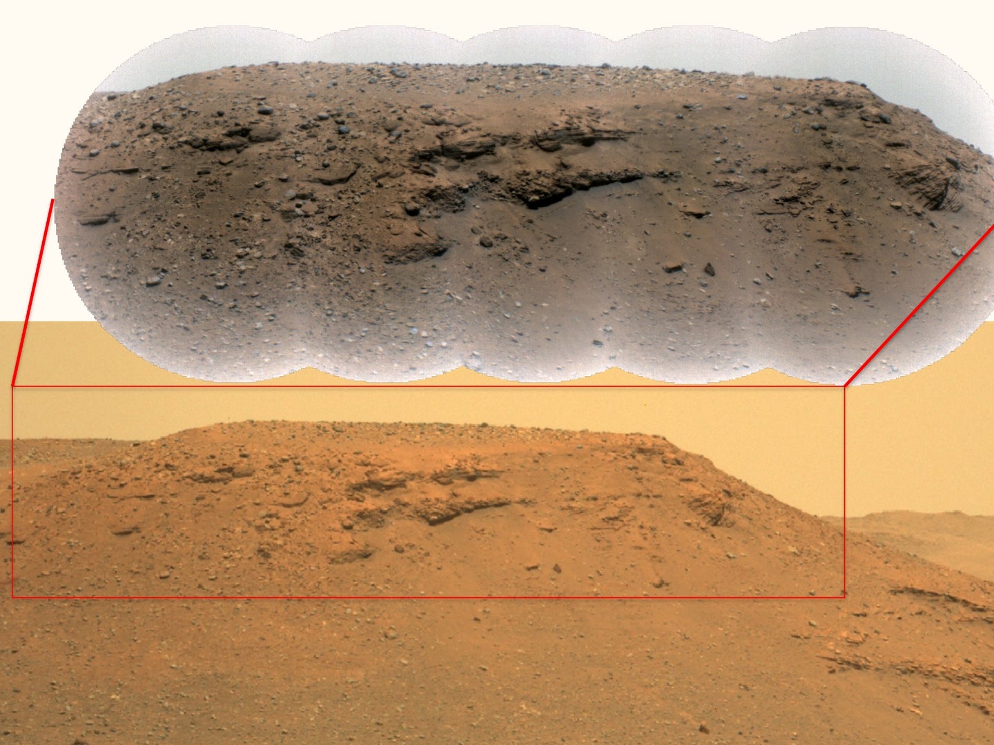 A grayish orange plain of rocky terrain on Mars.