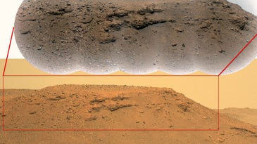 A grayish orange plain of rocky terrain on Mars.