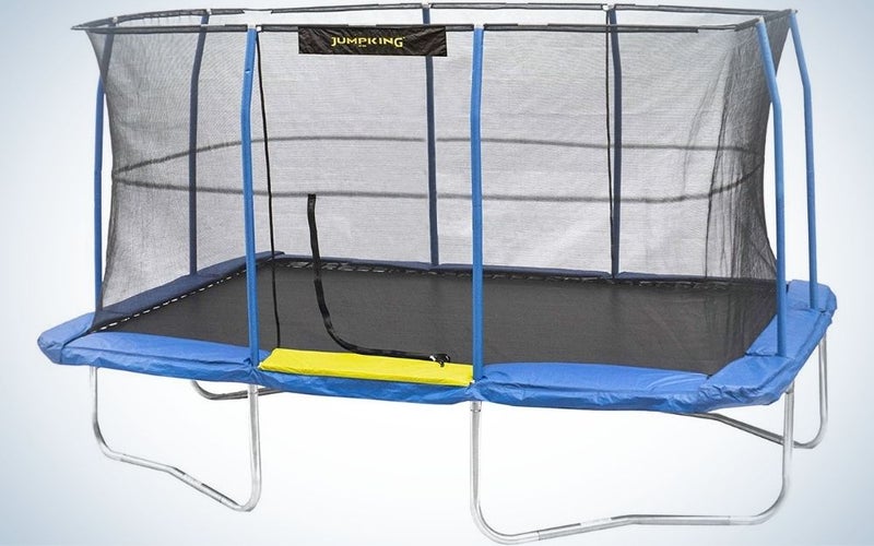 The JumpKing Enclosed Rectangular Trampoline is the best rectangle trampoline.
