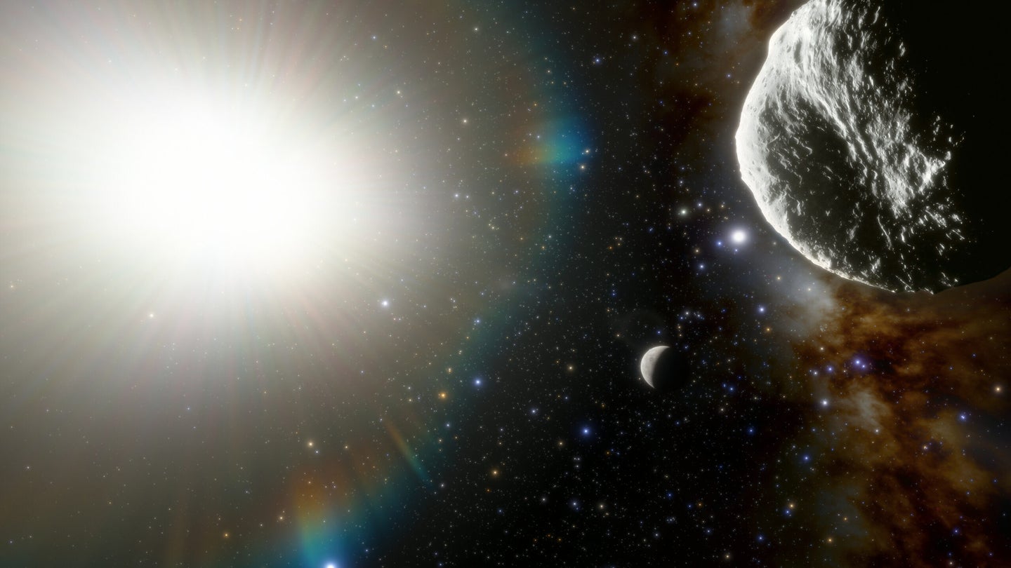 An illustration of an asteroid, at right foreground, passing through Mercury's orbit, seen in the middle background, with the glare from the sun shining brightly on the left.