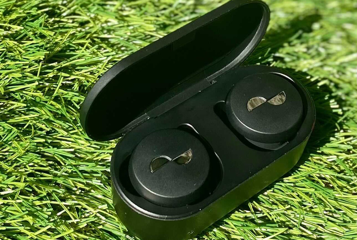 NuraTrue earbuds in case on grass