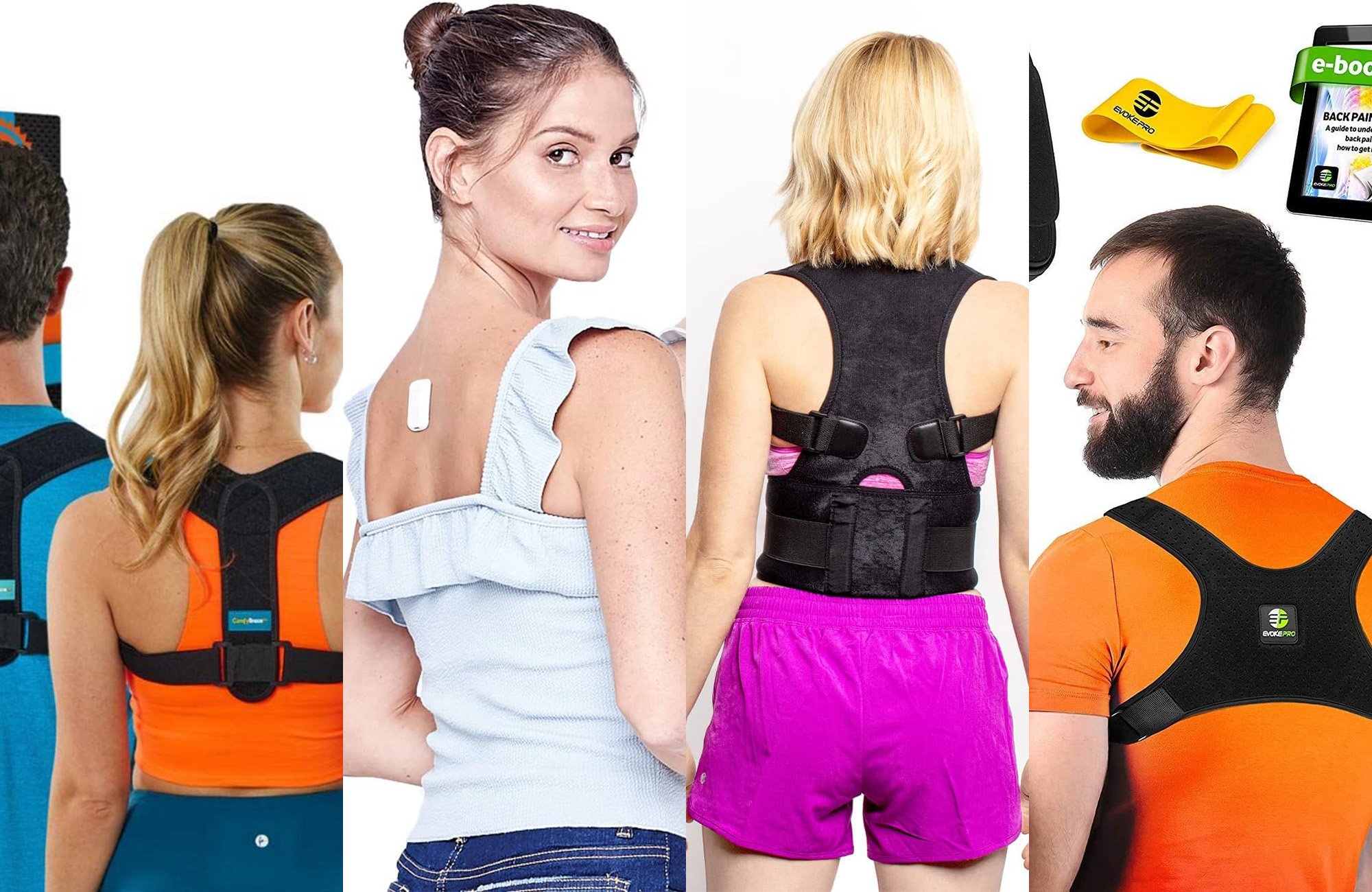 People wearing posture correctors on a white background.