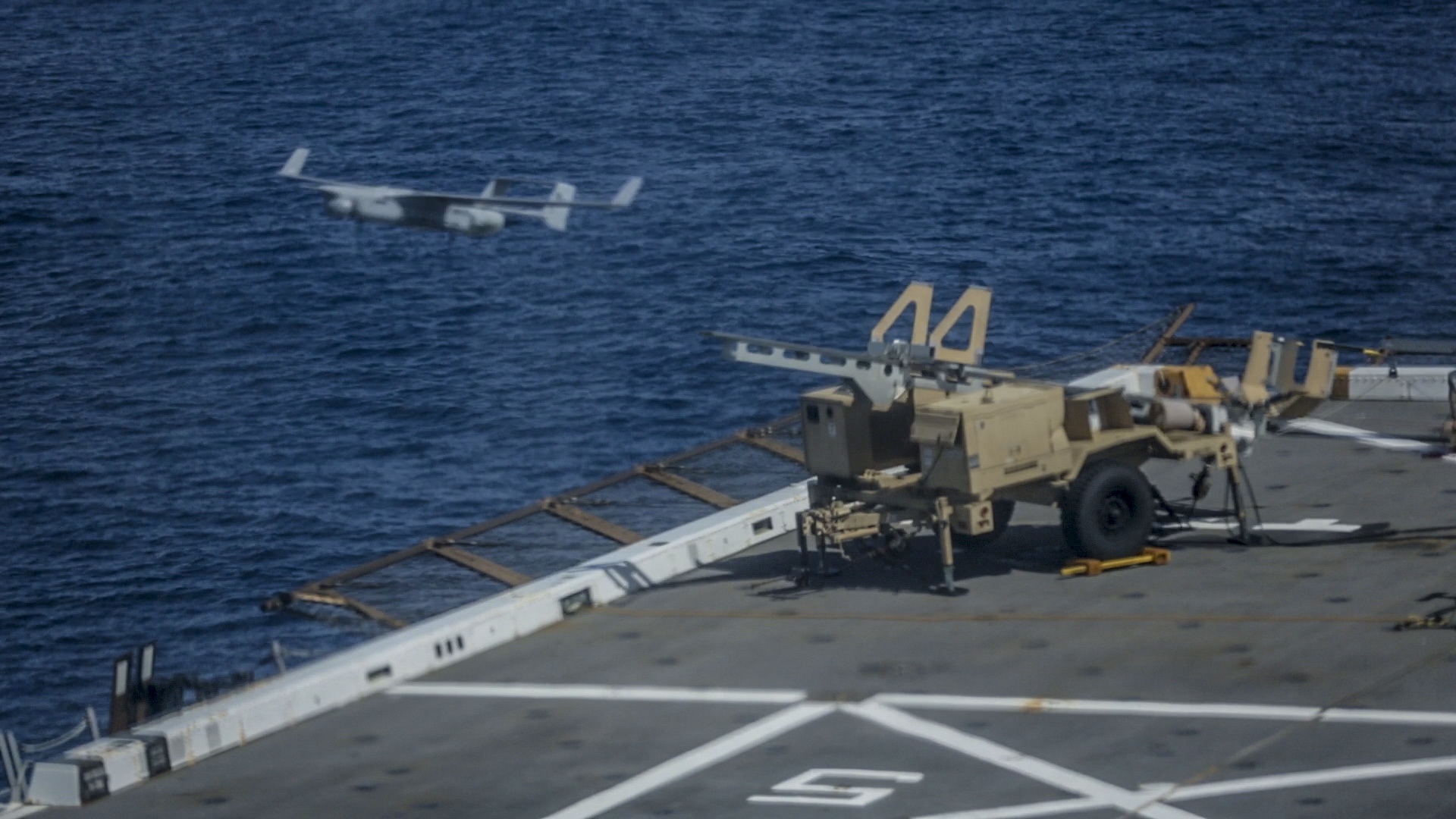 A drone takes off from a US ship in 2015.