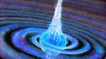 An illustration of a blue, circular star with space matter circling around it in an accretion disk, plus beams of light shooting vertically out of the star.