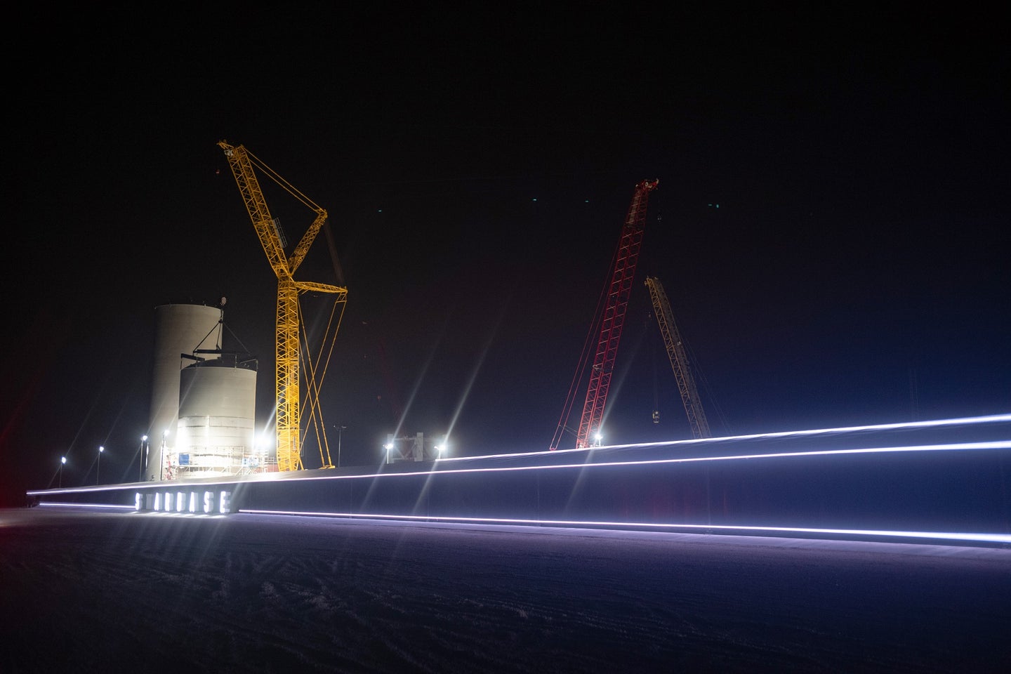 SpaceX flight center in Boca Chica, Texas, at night