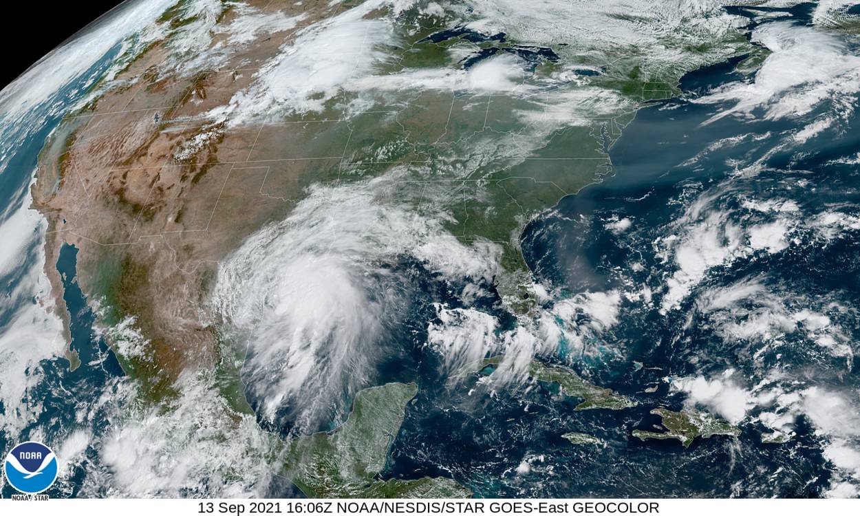 A satellite image of Tropical Storm Nicholas moving towards coastal Texas and Louisiana.