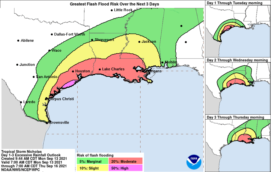 A map of the Southeast United States showing flash flooding possibilities as Tropical Storm Nicholas approaches Texas and Louisiana.