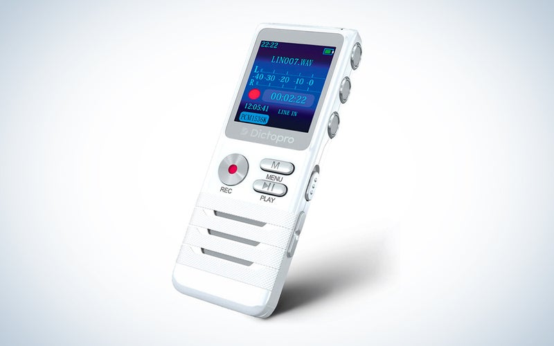 A white digital recorder on a blue and white background