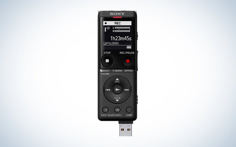 A black Sony ICD-UX570 Digital Voice Recorder on a blue and white background