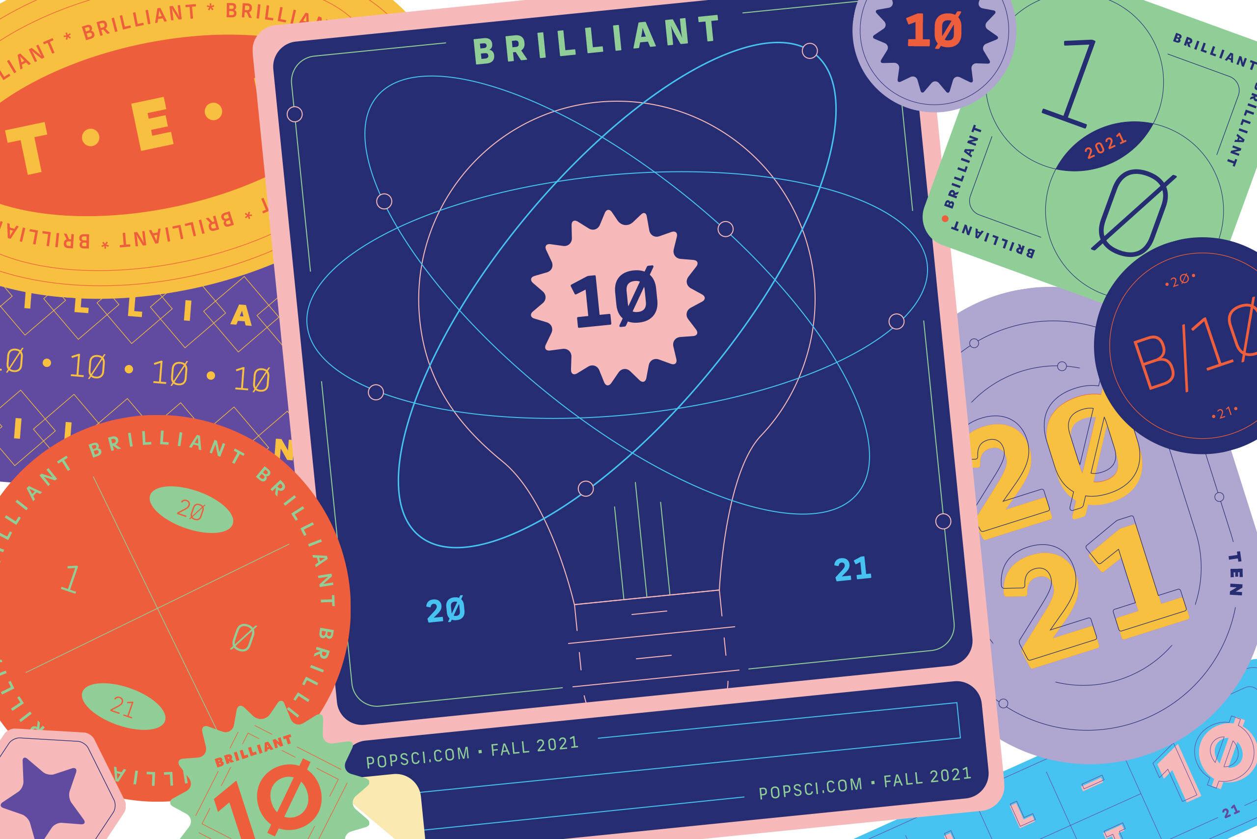 a page full of illustrated badges and awards for the Brilliant 10 scientist series