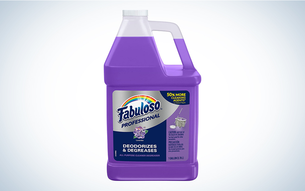 A bottle of lavender Fabuloso on a blue and white background
