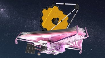 James Webb telescope traveling through space on a pink foil craft