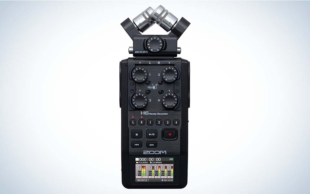 This black voice recorder, the Zoom H6 All Black Recorder, features dials and buttons for fine-tuning sound.