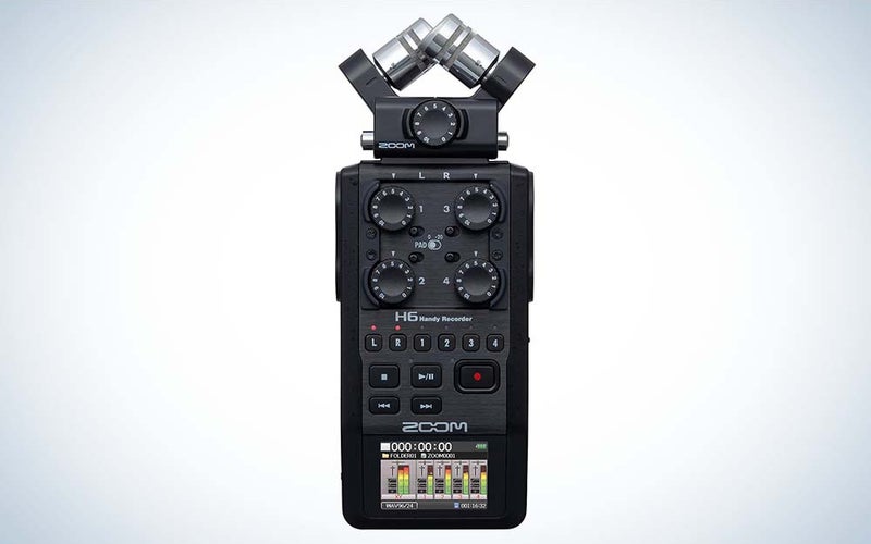 This black voice recorder, the Zoom H6 All Black Recorder, features dials and buttons for fine-tuning sound.