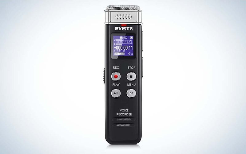 A slim black digital voice recorder made by Evistr against a gray gradient background.