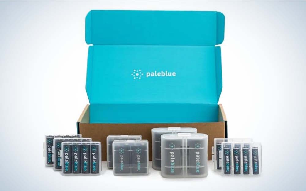 An open box from Pale Blue with the company's AA, AAA, 9V, and D batteries lined up in front.