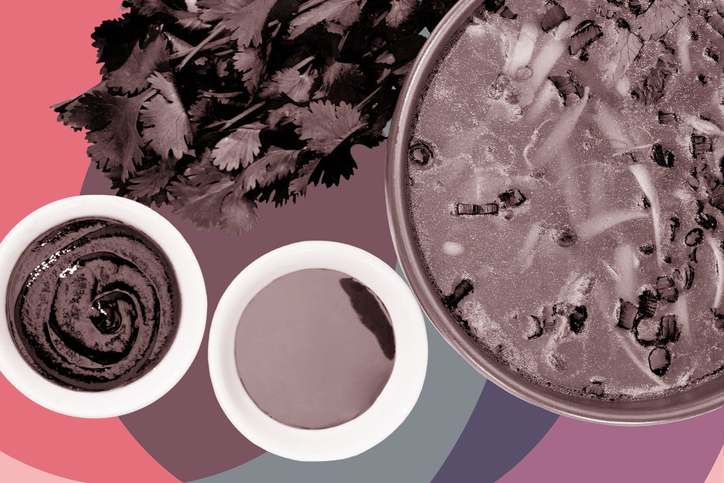 Soy sauce, cilantro, broth, and other umami foods on a pink and purple background