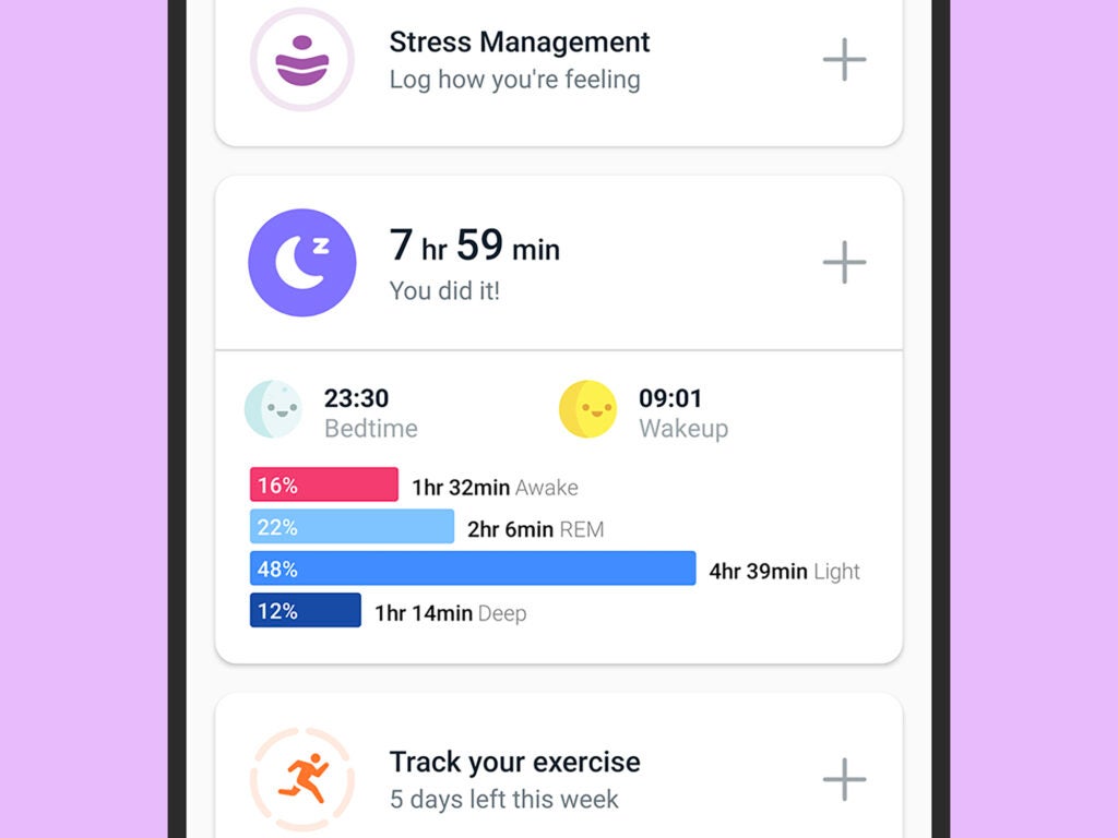 The stages of sleep in the Fitbit app.