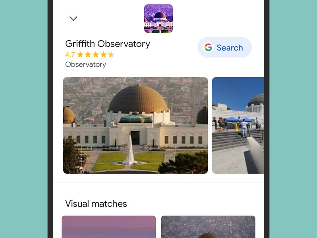 A Google Lens information tile for the Griffith Observatory.