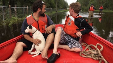 Natural disaster evacuation with two people in life vests on a red boat with a dog