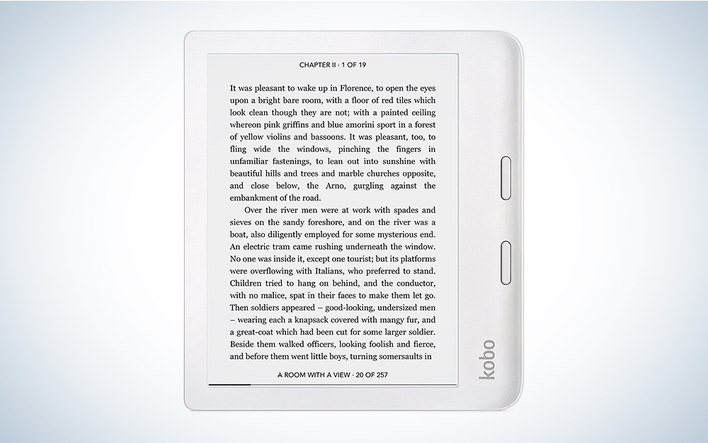 A Kobo Libra 2 on a blue and white background.