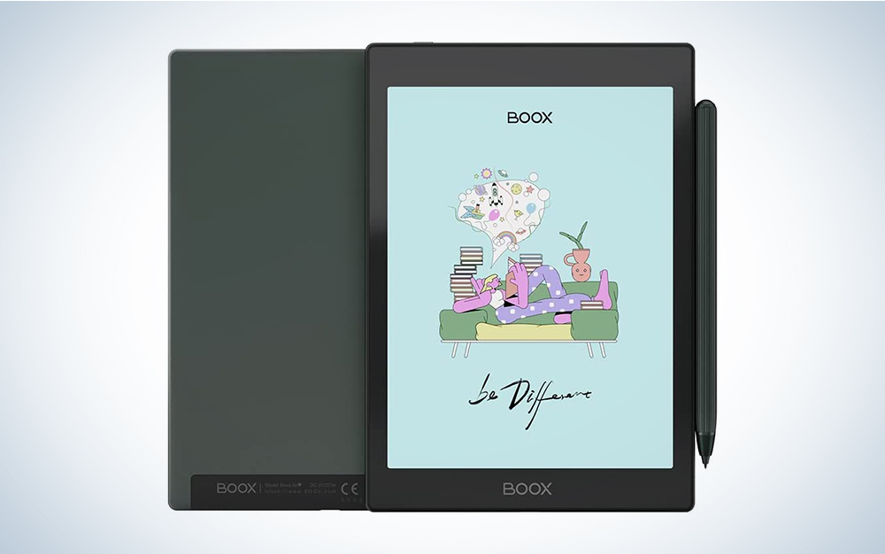 A Boox color eReader on a blue and white background