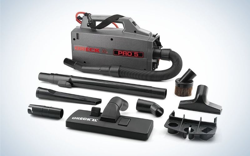 The Oreck Commercial XL Pro 5 Super Compact Canister is the best canister vacuum for attachments.