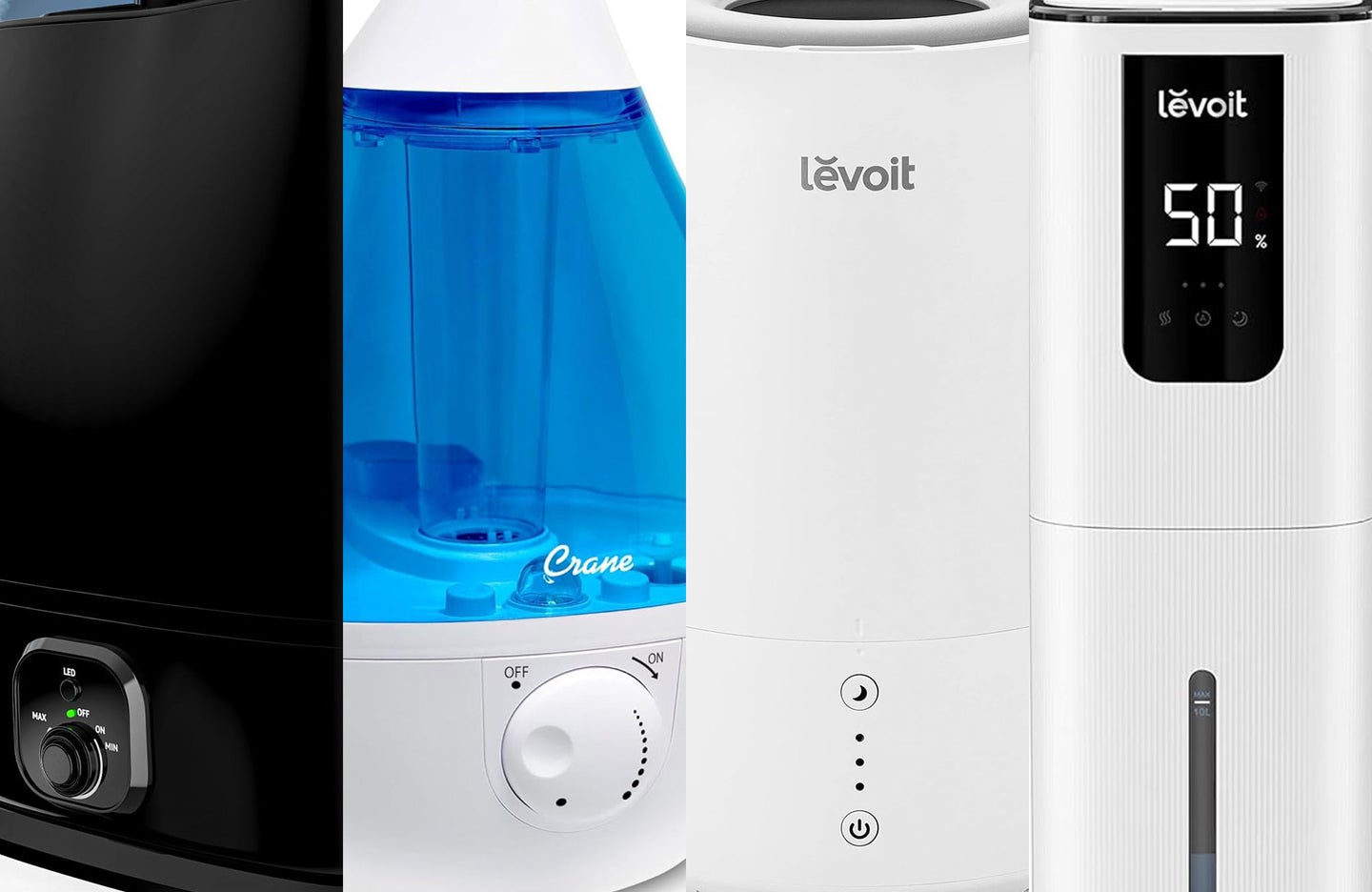 A line-up of the best humidifiers on a plain background.