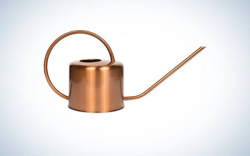 The Homarden 40 oz Copper Colored Watering Can is best watering can for hanging baskets.