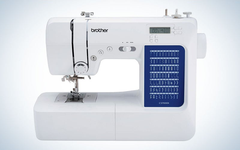 A Brother sewing machine on a blue and white background