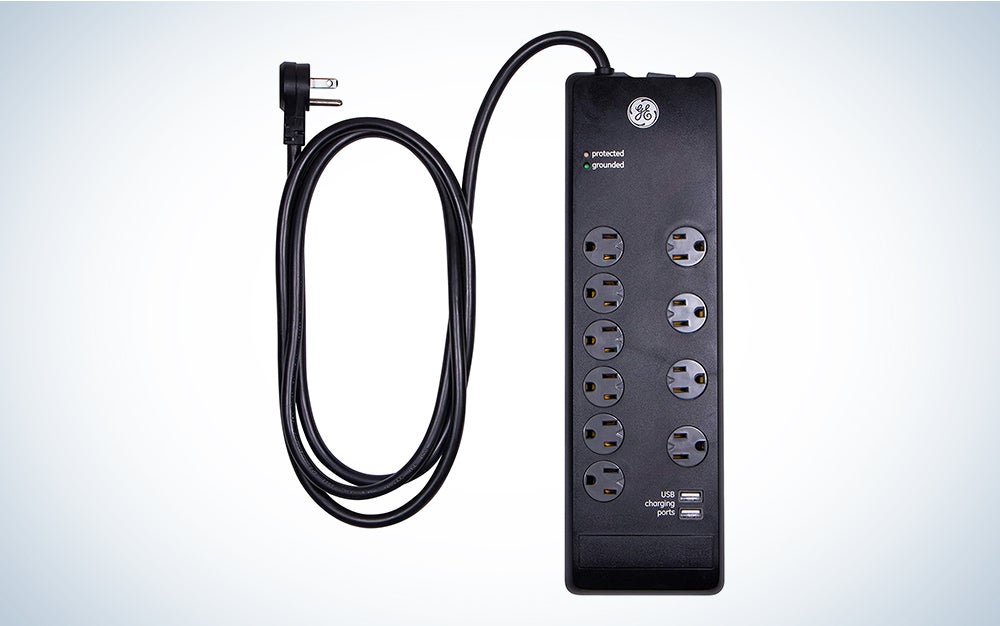 A black GE UltraPro 10-Outlet Surge Protector on a blue and white background