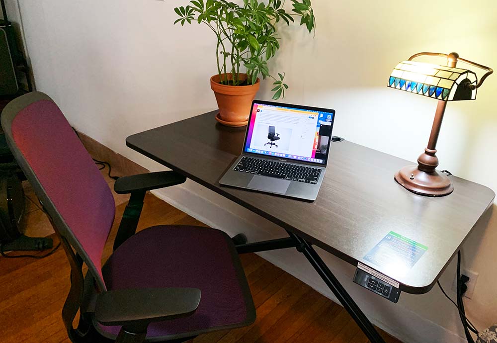 The mesh Steelcase Karman Office Chair is facing a brown standing desk with an open laptop, plant, and a lamp on top.
