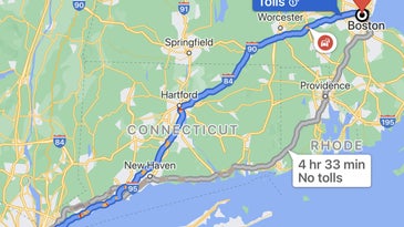 Google Maps showing an eco-friendly route from New York City to Boston.