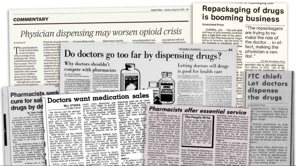 Newspaper clippings about doctors dispensing drugs and pharmaceuticals