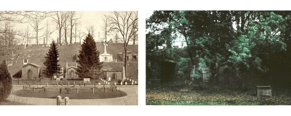 Green-Wood Cemetery Cooper tomb in the early 1900s next to the tree-covered modern landscape