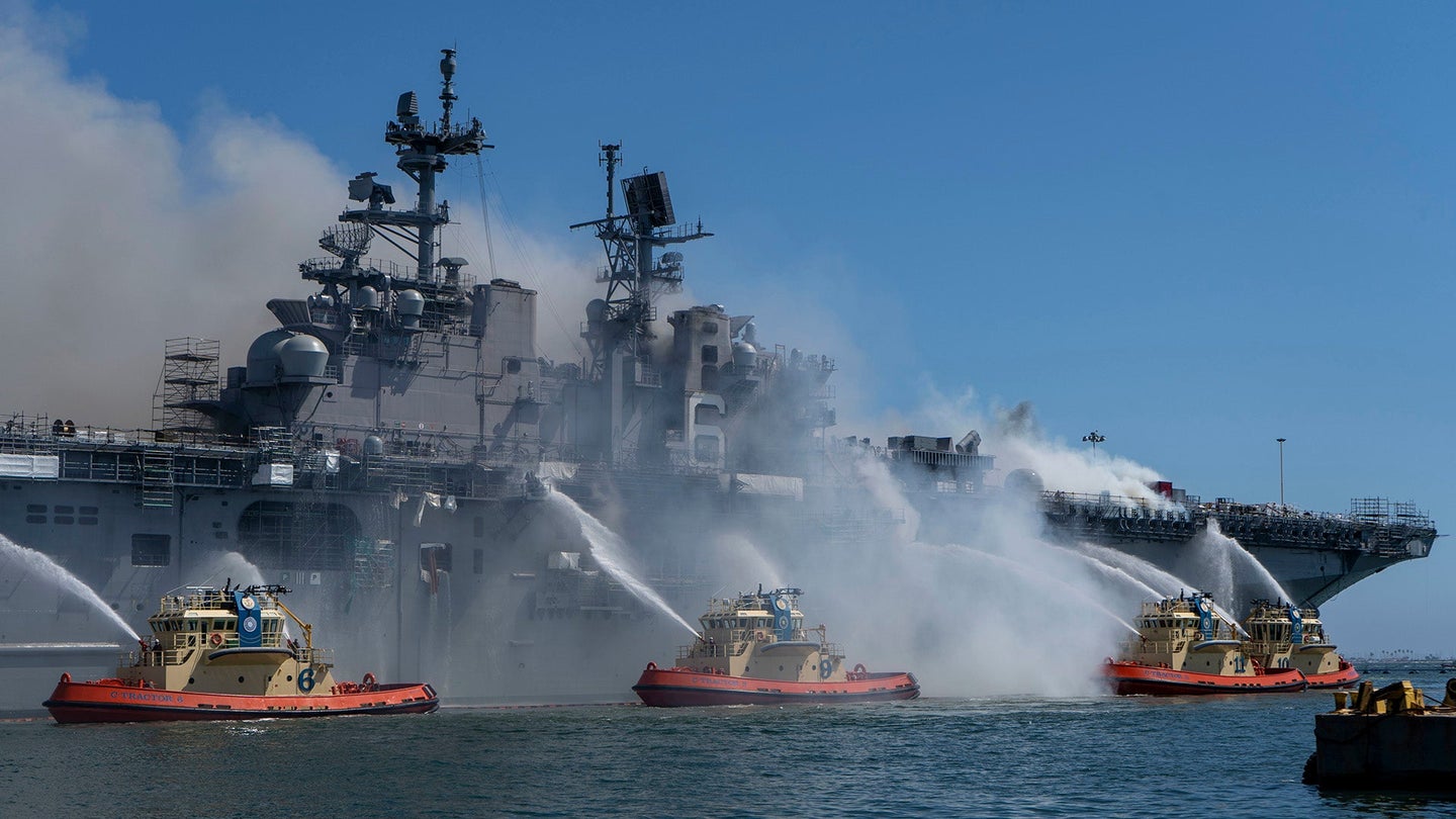 USS Bonhomme Richard submarine fire being extinguished by multiple Navy boats