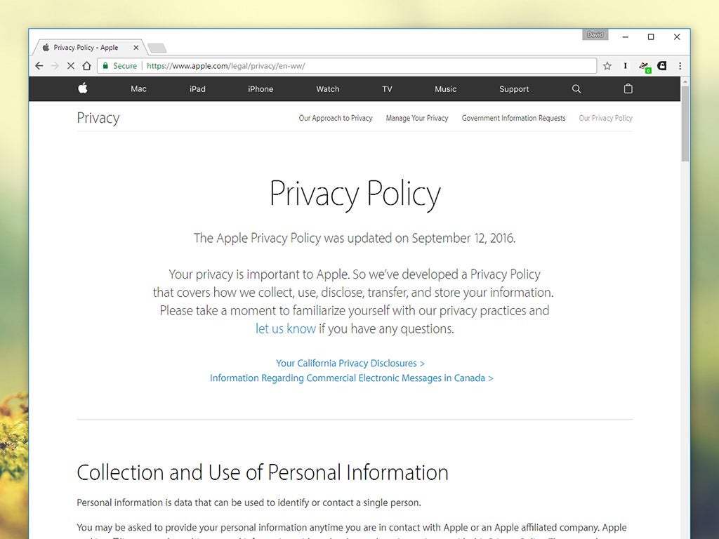 Apple's privacy policy in a web browser.
