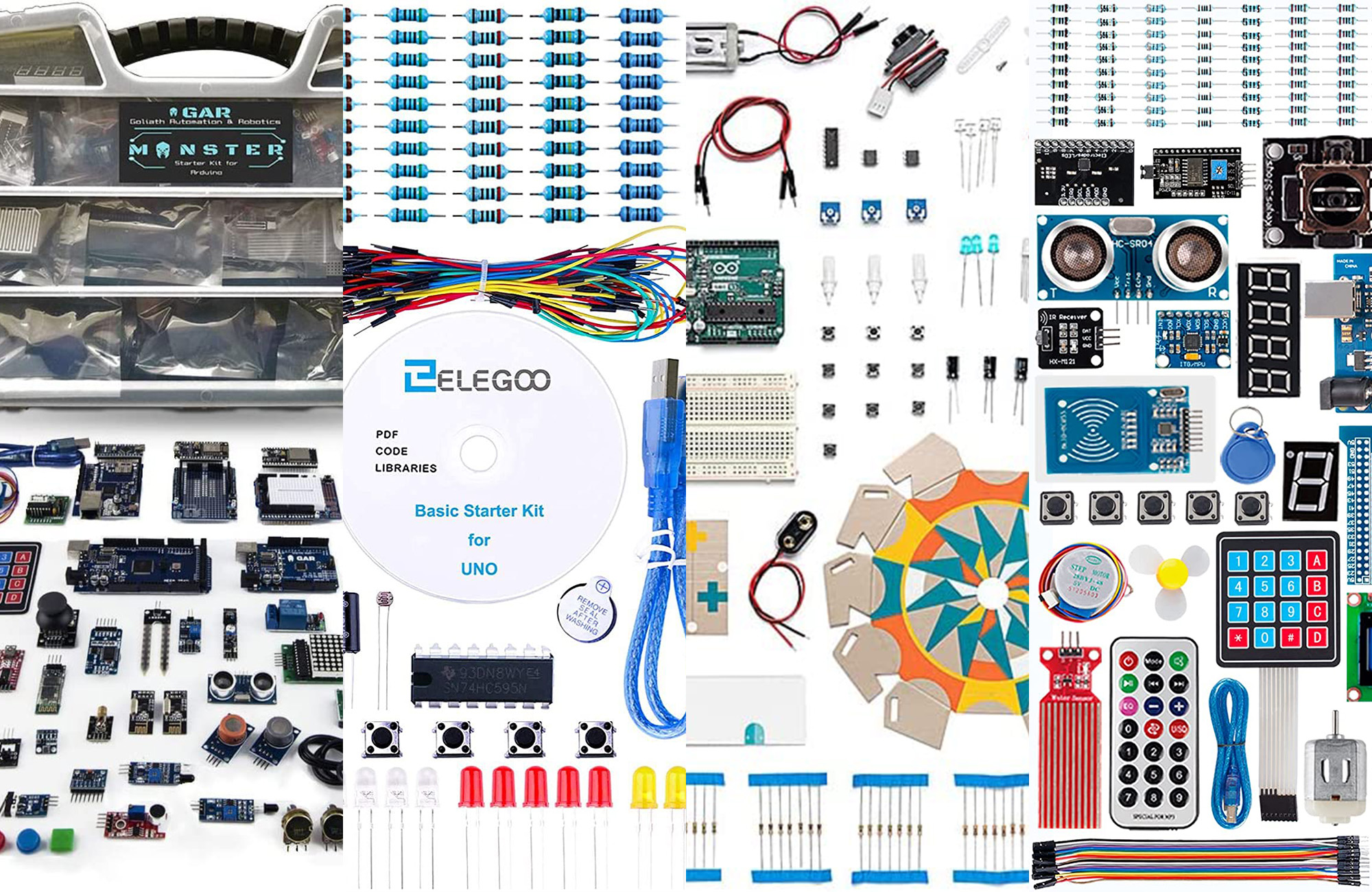 A lineup of the best Arduino starter kits on a white background