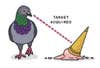 Gray pigeon looking at fallen pink ice cream cone with comic text "target acquired"