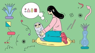 Parent and child engaging in baby talk and language development in a cartoon