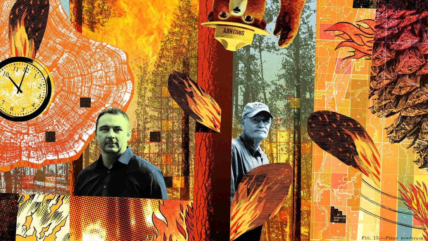 Fire managers, wildfire patches in forests, and illustrated flames from prescribed burns and a compass