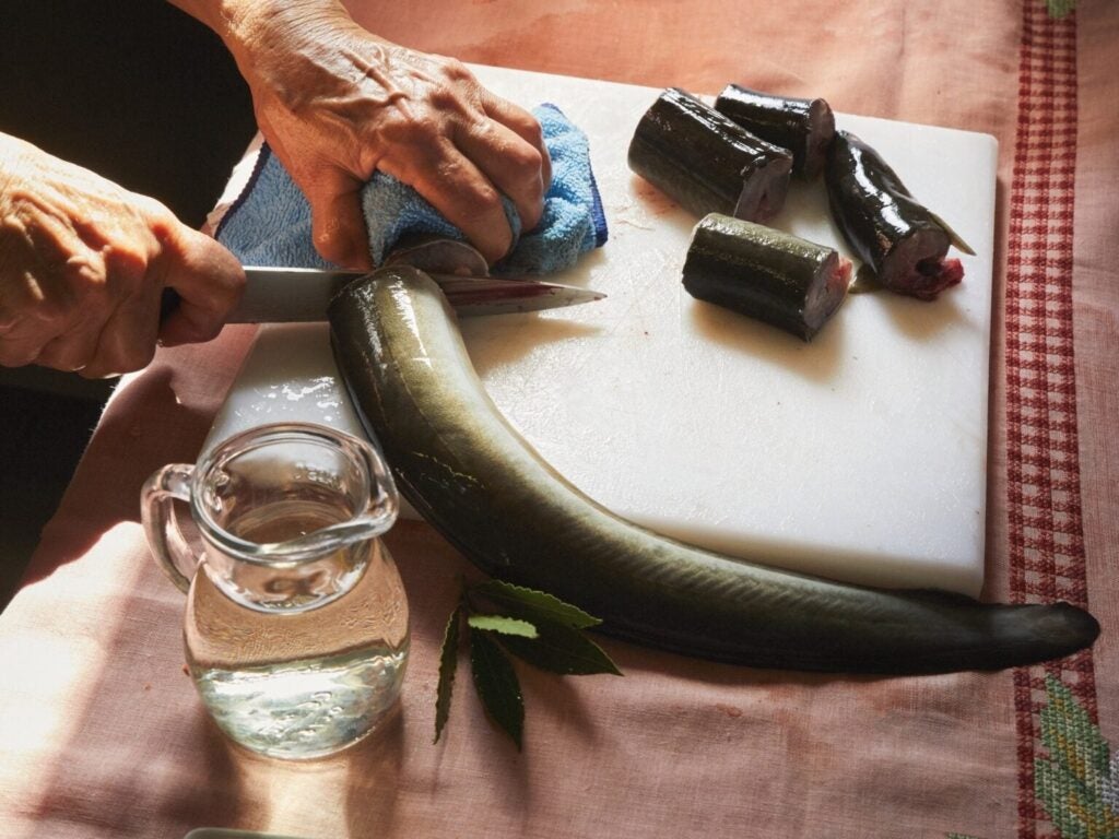 Chef cutting a whole fresh eel on a slab on a pink table cloth