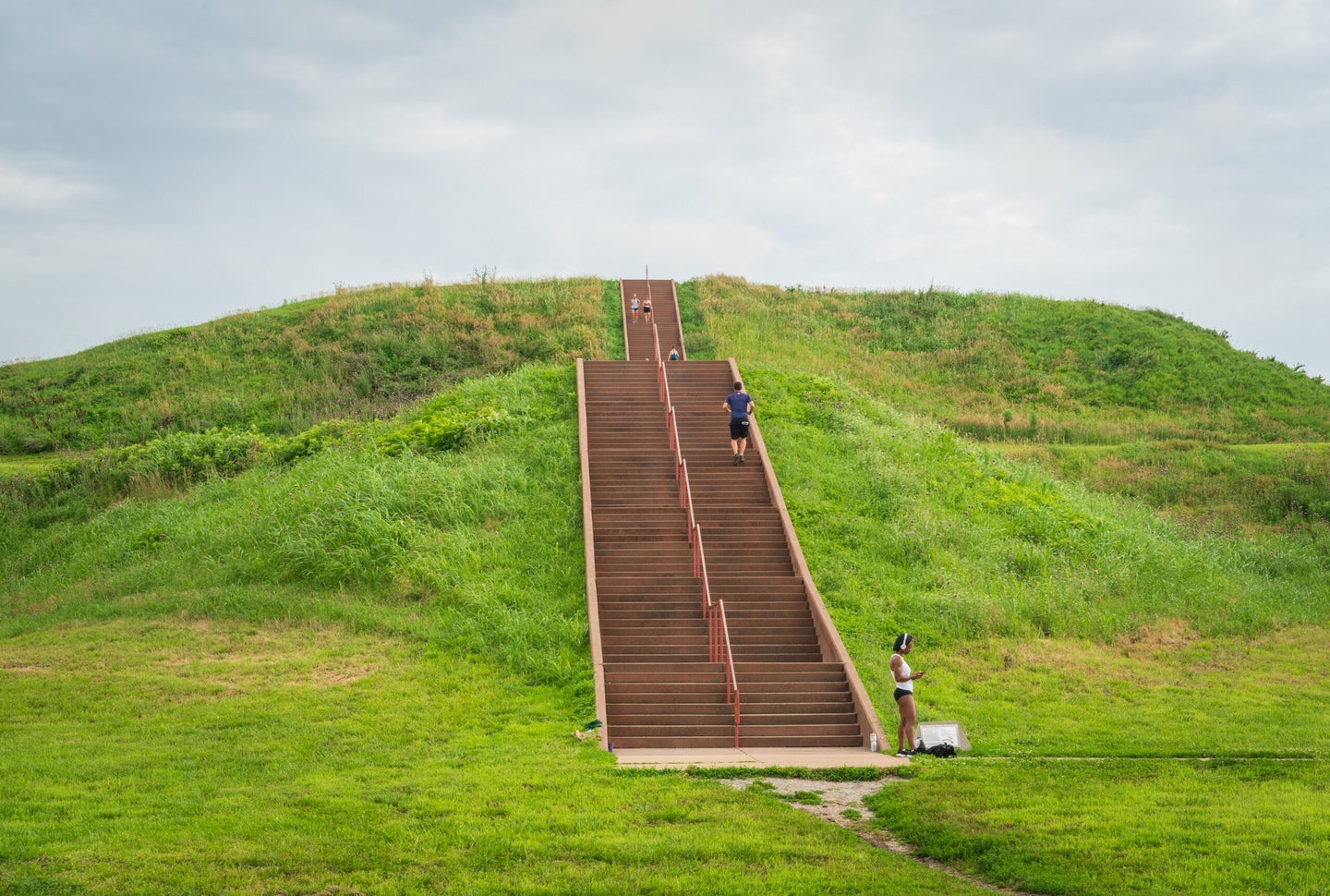 Steps of Cahokia at the green Cahokia Mounds State Historic Site in Illinois