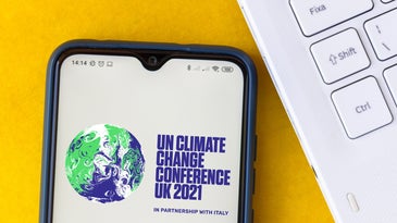 the 2021 United Nations Climate Change Conference (COP26) logo displayed on a smartphone