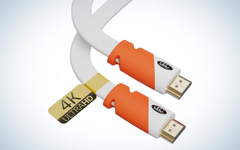 The Ultra Clarity flat HDMI cable has a white sheath and orange connectors