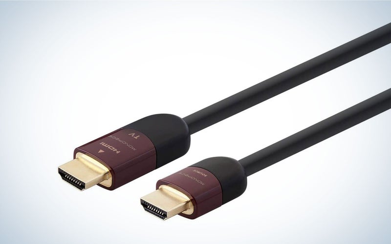 Monoprice HDMI cables have burgundy details on a black cable